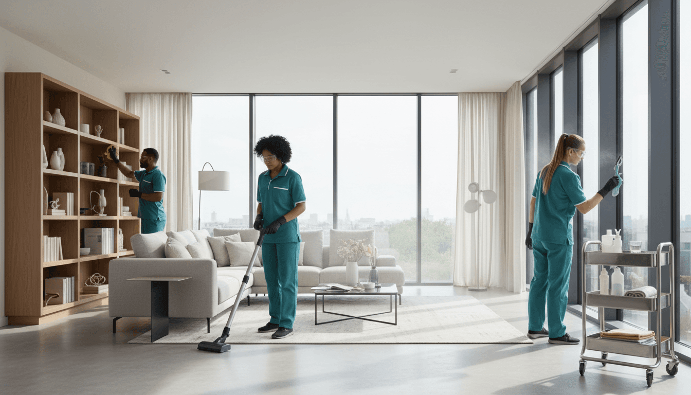 Cleaning team in a bright living room with supplies