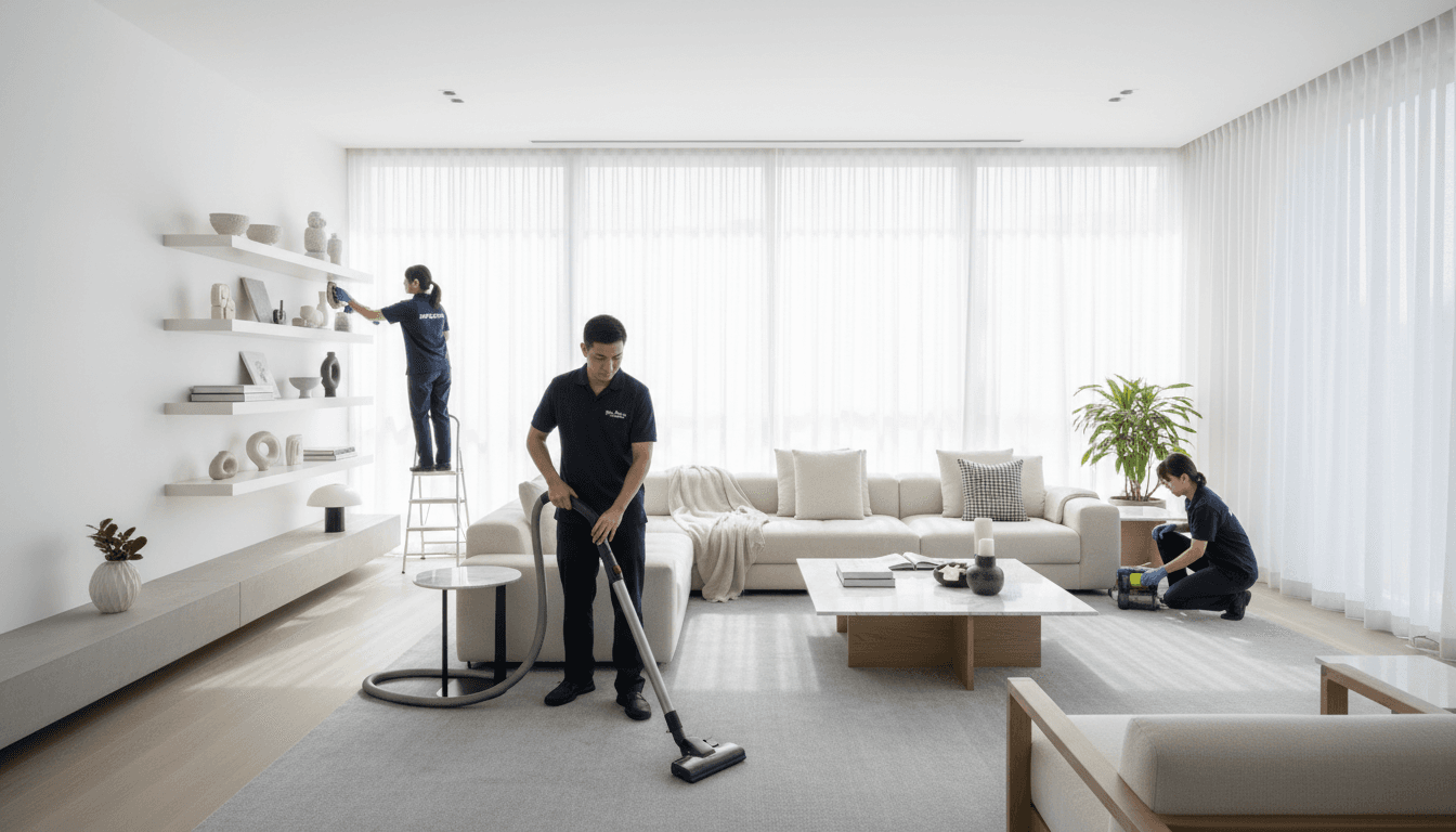 Professional cleaning team working in a bright modern living room with fresh linen
